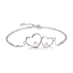 Shiny Jewellery 925 Sterling Silver White Opal Bracelets for Women Double Heart Bracelets
