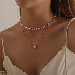 Wave Pearl Necklace Cute Double Chain Pendant Women Jewelry - Vico Rena