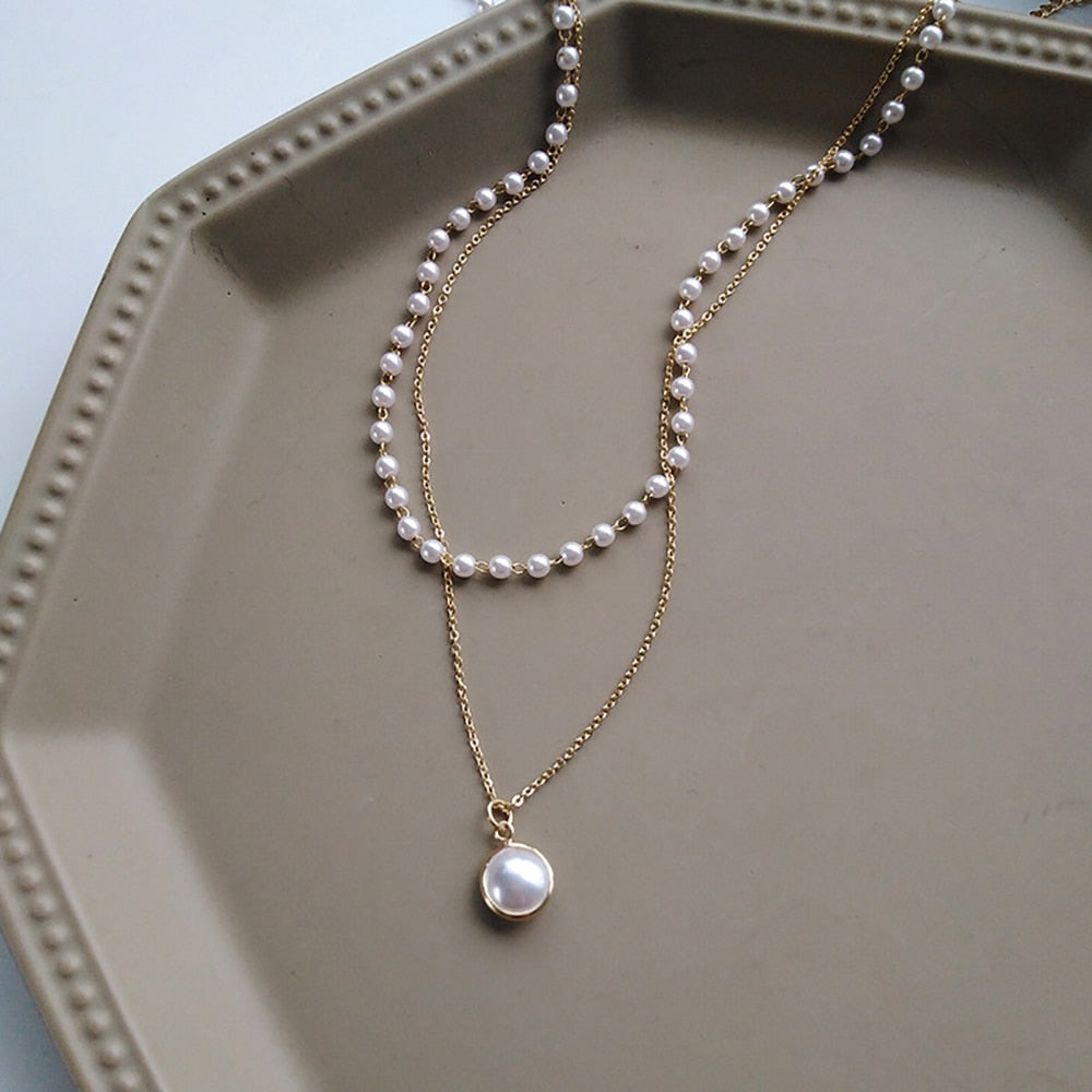Wave Pearl Necklace Cute Double Chain Pendant Women Jewelry - Vico Rena