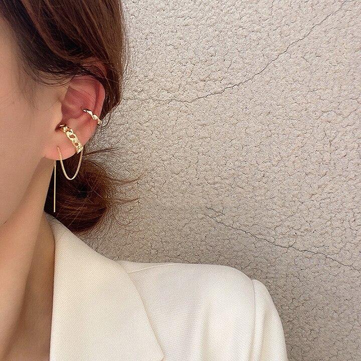 2Pcs/Set Chain Pattern Ear Clips No Piercing Gold Color - Vico Rena