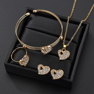 Shiny Jewellery 5 Pcs/Necklace Sets Hollow Heart Jewelry Set Gold Color Crystal Crown