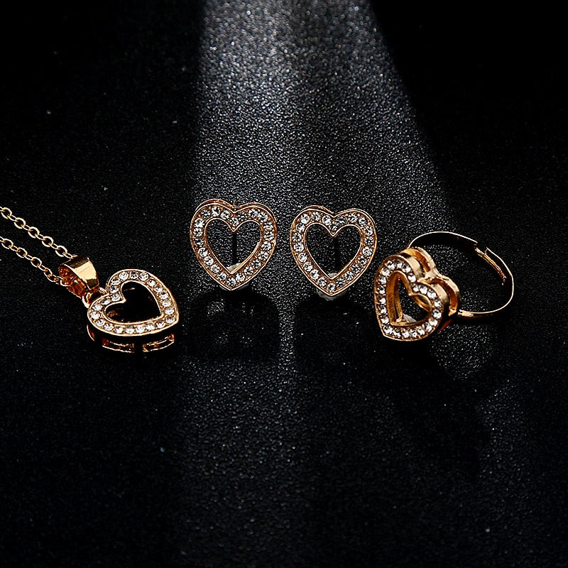 Shiny Jewellery 5 Pcs/Necklace Sets Hollow Heart Jewelry Set Gold Color Crystal Crown