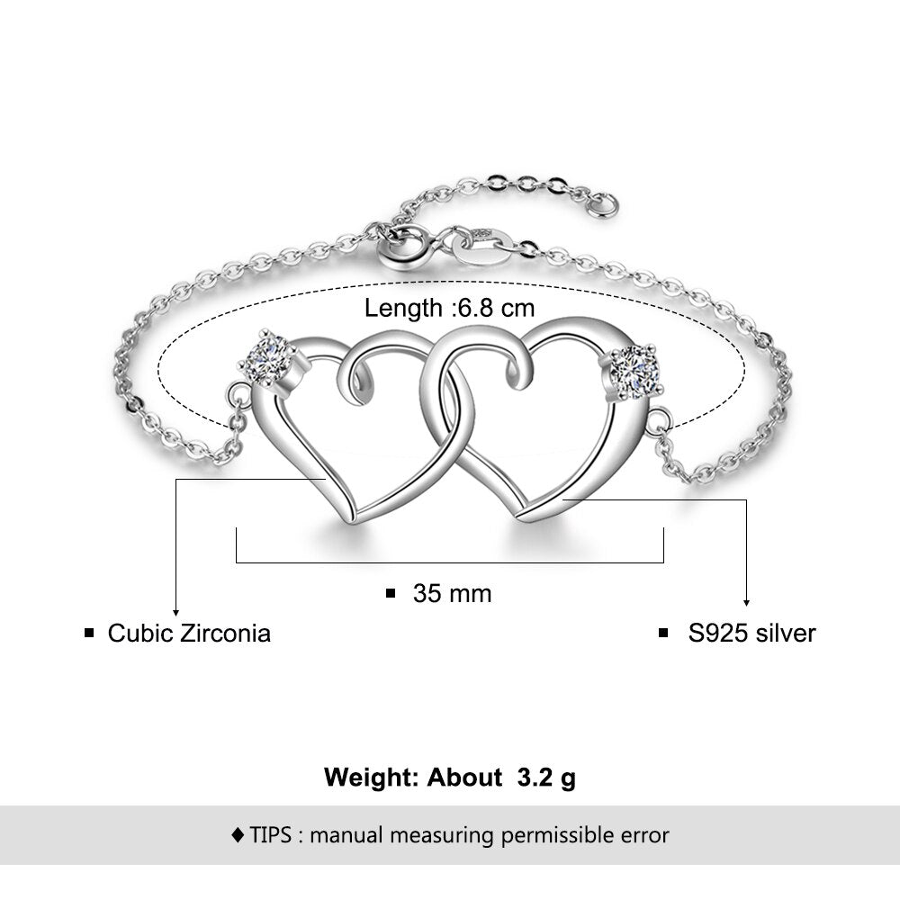 Shiny Jewellery 925 Sterling Silver Intertwined  Heart Bracelet Adjustable Chain