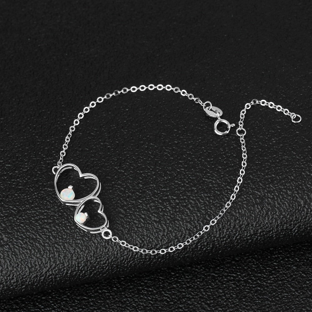 Shiny Jewellery 925 Sterling Silver White Opal Bracelets for Women Double Heart Bracelets