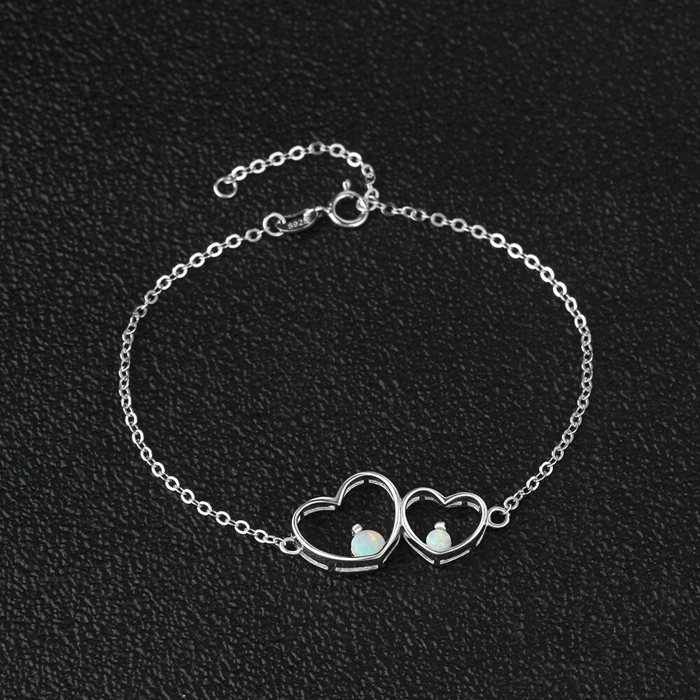 Shiny Jewellery 925 Sterling Silver White Opal Bracelets for Women Double Heart Bracelets