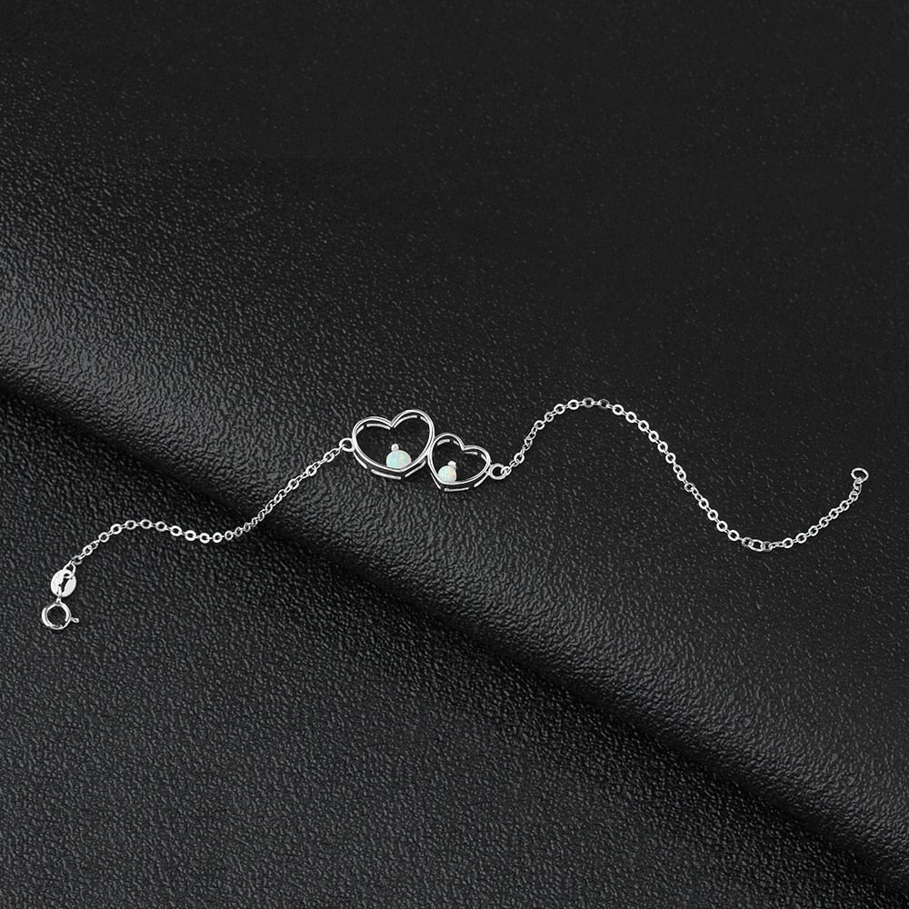 Shiny Jewellery 925 Sterling Silver White Opal Bracelets for Women Double Heart Bracelets