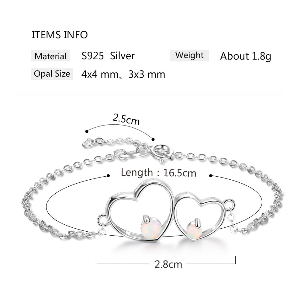 Shiny Jewellery 925 Sterling Silver White Opal Bracelets for Women Double Heart Bracelets