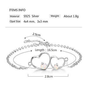Shiny Jewellery 925 Sterling Silver White Opal Bracelets for Women Double Heart Bracelets