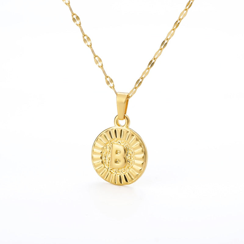 Shiny Jewellery A-Z initial Round Letter Pendant Necklace For Women Stainless Steel