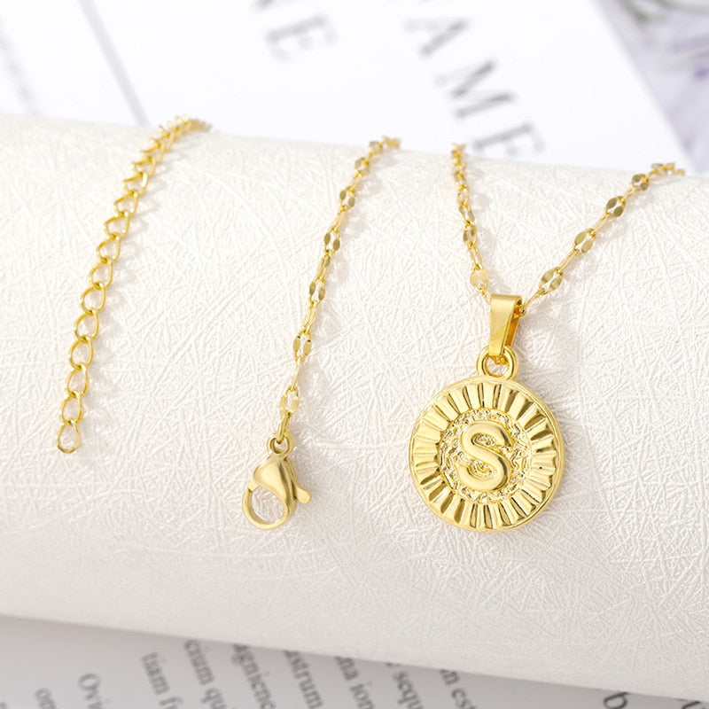 Shiny Jewellery A-Z initial Round Letter Pendant Necklace For Women Stainless Steel