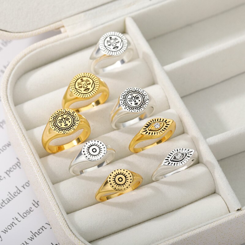 Indian Aesthetic Ring Women Stainless Steel Sun Face Punk Rings - Vico Rena