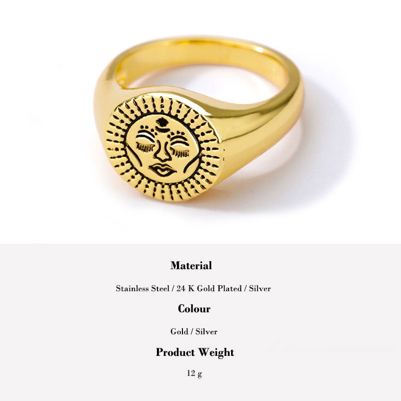 Indian Aesthetic Ring Women Stainless Steel Sun Face Punk Rings - Vico Rena