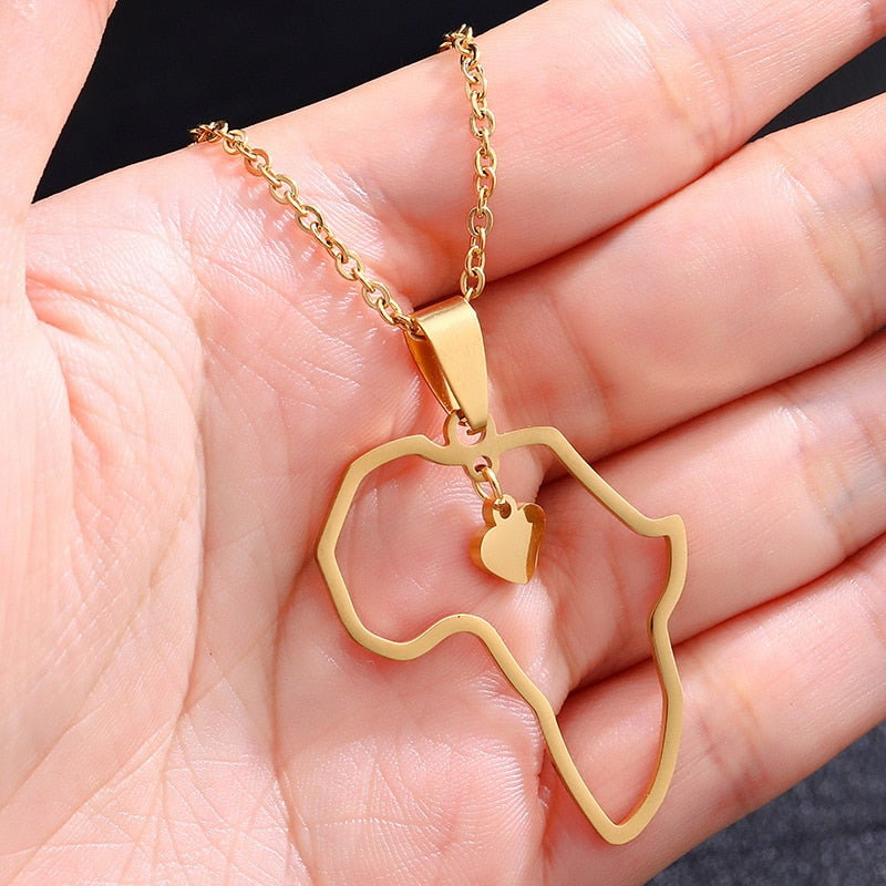 Shiny Jewellery Africa Map With a Heart Choker Gold Sliver Color Stainless Steel Necklace
