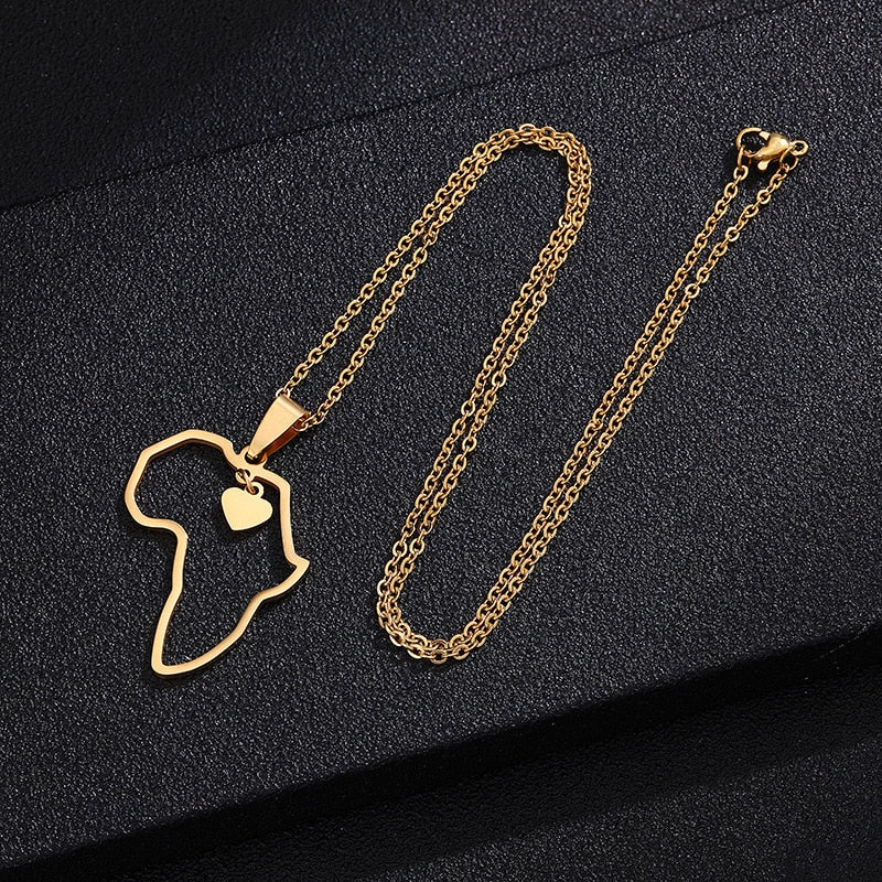 Shiny Jewellery Africa Map With a Heart Choker Gold Sliver Color Stainless Steel Necklace