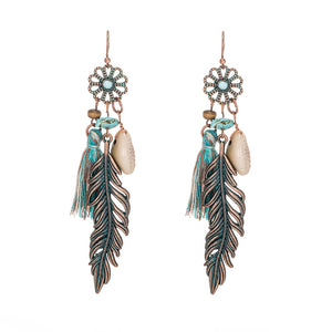 Shiny Jewellery Bohemian Ethnic Tassel Fringe Leaf Stones Bohemian Earrings For Women Alloy