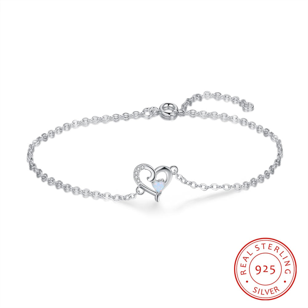 Shiny Jewellery Charm Heart Bracelets for Women Cute 925 Sterling Silver Opal Bracelets
