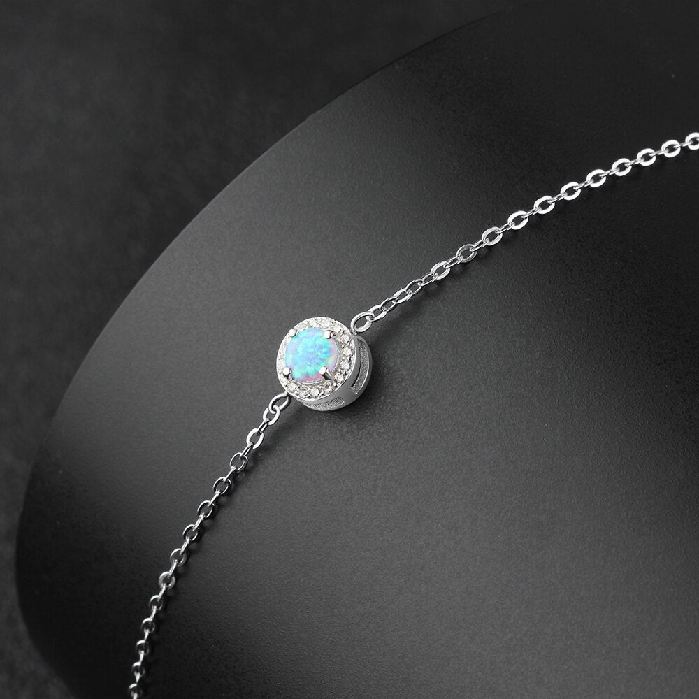 Shiny Jewellery Round Blue Opal Stone Bracelets 925 Sterling Silver Chain Bracelets