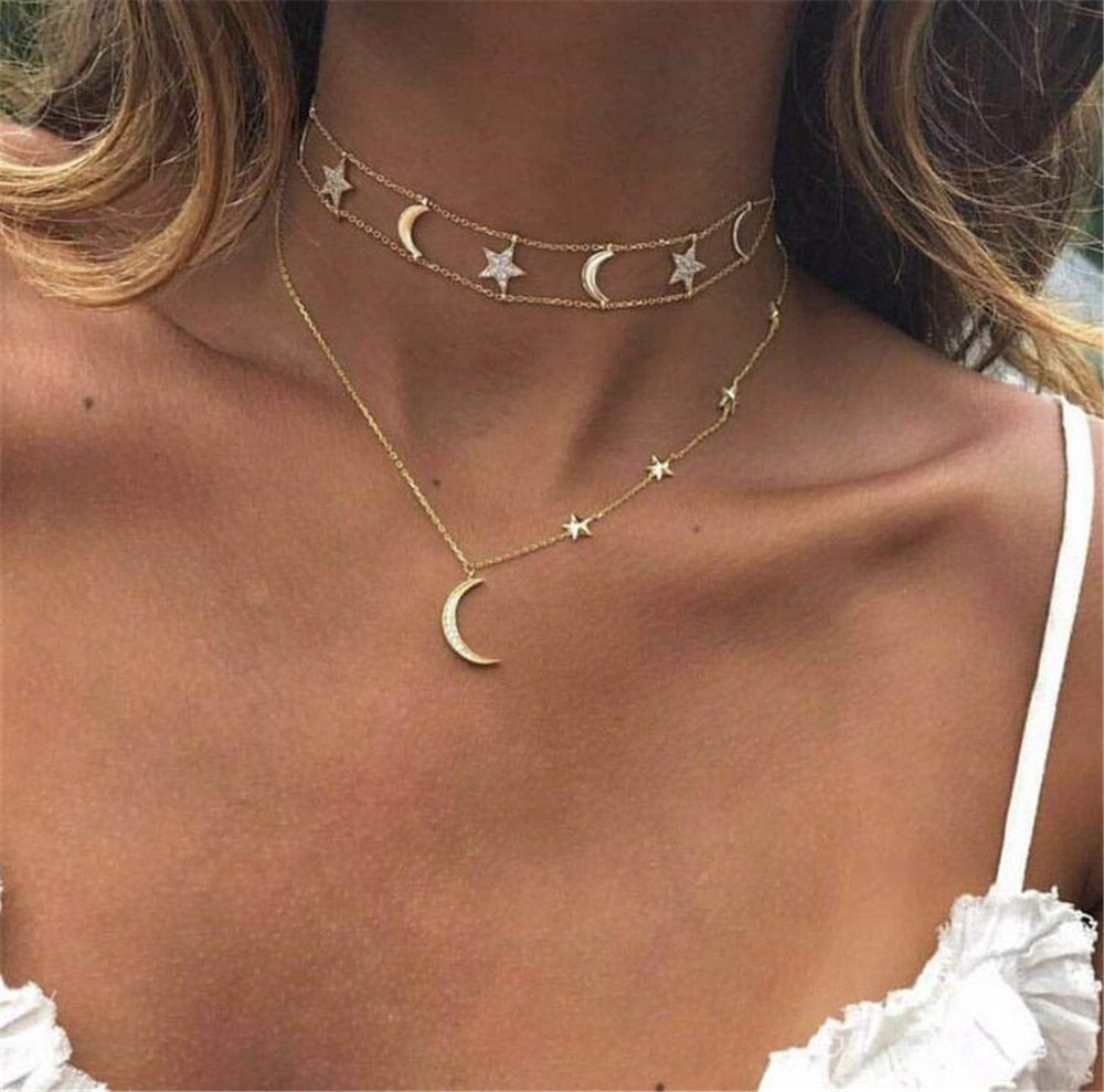 Personality Star Moon Rhinestone Geometric Clavicle Chain - Vico Rena