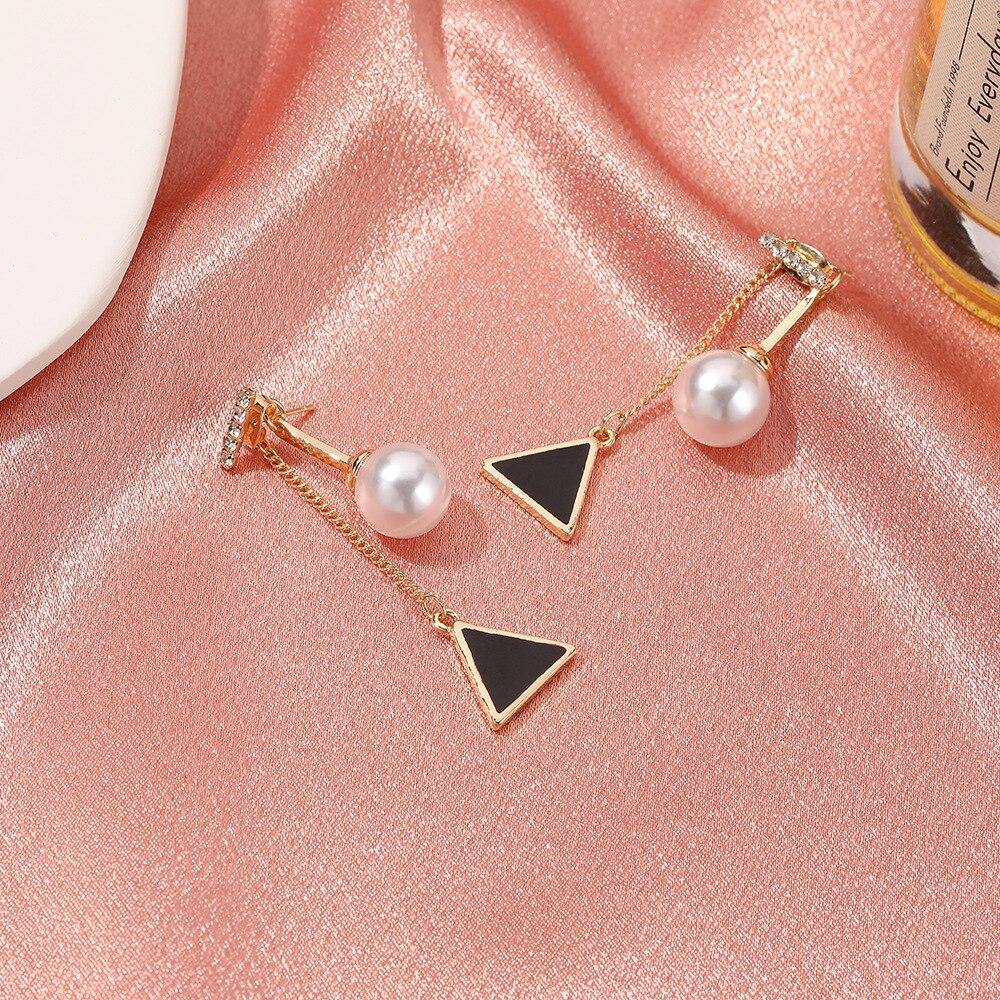 Enamel Black Triangle Drop Earrings Imitation Pearl Chain - Vico Rena