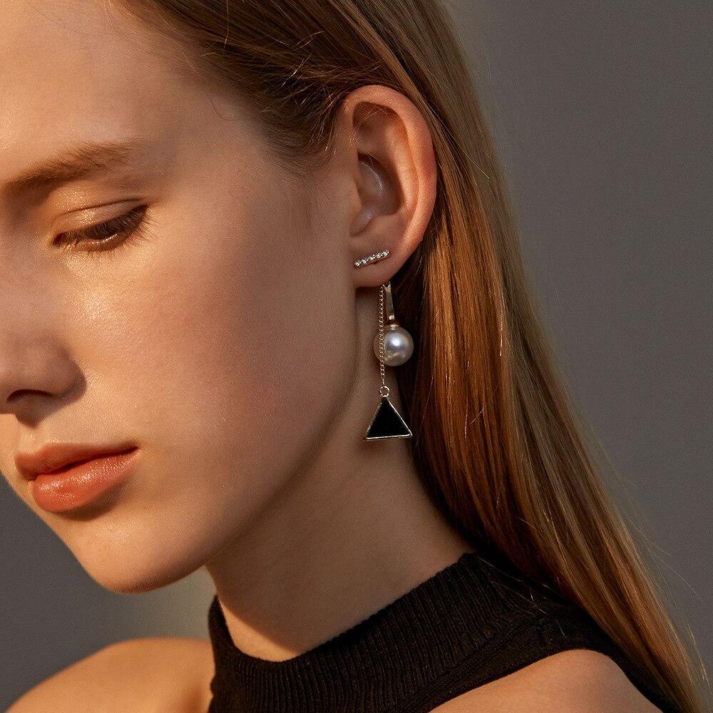 Enamel Black Triangle Drop Earrings Imitation Pearl Chain - Vico Rena