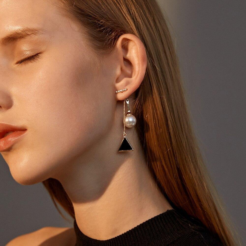 Enamel Black Triangle Drop Earrings Imitation Pearl Chain - Vico Rena