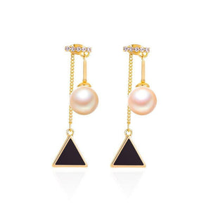 Enamel Black Triangle Drop Earrings Imitation Pearl Chain - Vico Rena