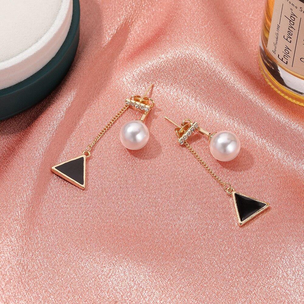 Enamel Black Triangle Drop Earrings Imitation Pearl Chain - Vico Rena