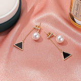 Enamel Black Triangle Drop Earrings Imitation Pearl Chain - Vico Rena