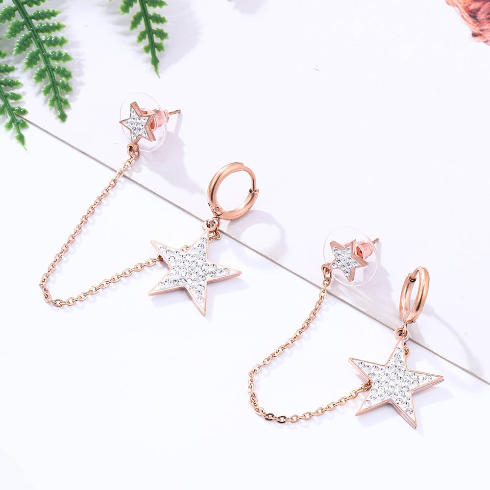 Shiny Jewellery Exaggeration Crystal Star Hoop Earrings for Women Stainless Steel