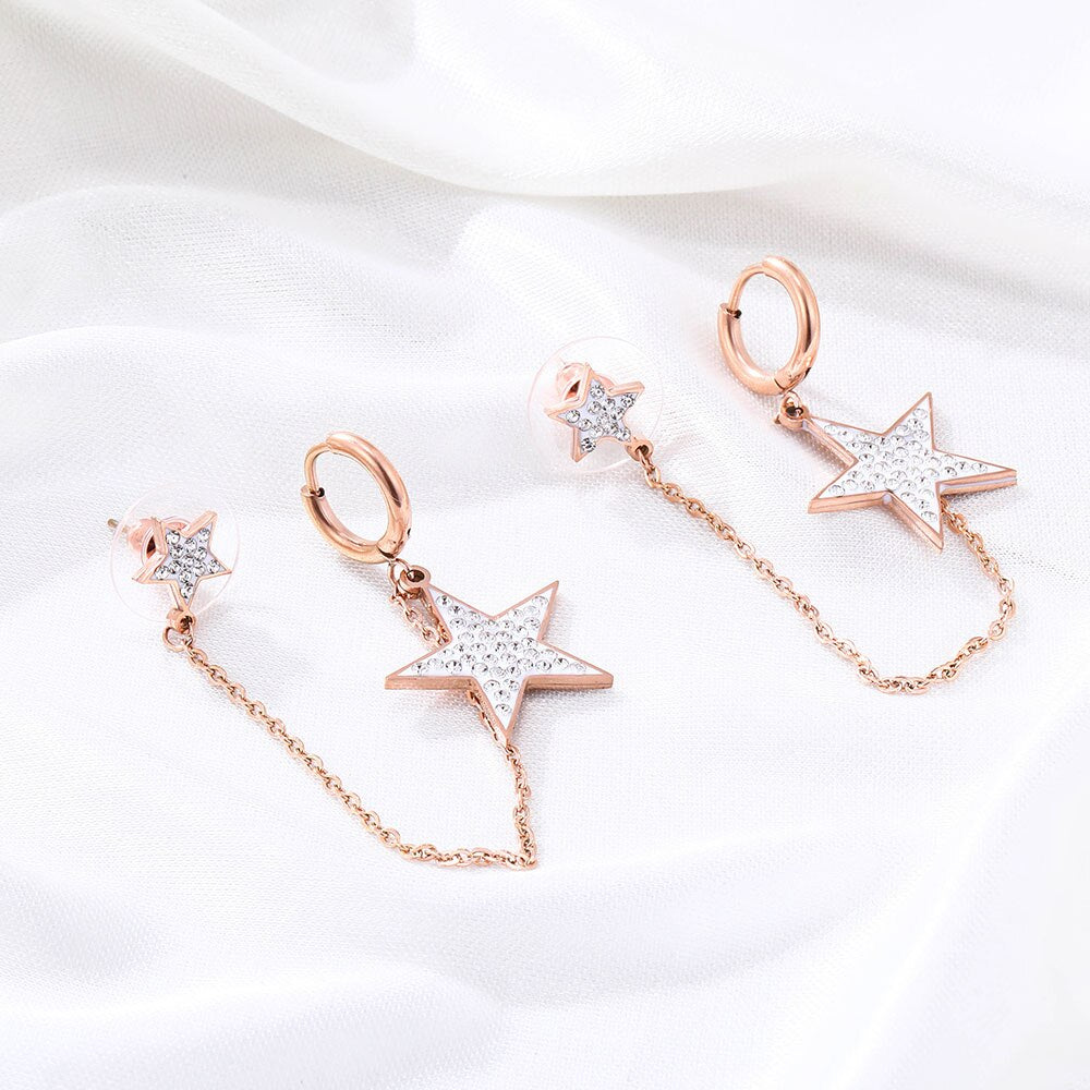Shiny Jewellery Exaggeration Crystal Star Hoop Earrings for Women Stainless Steel