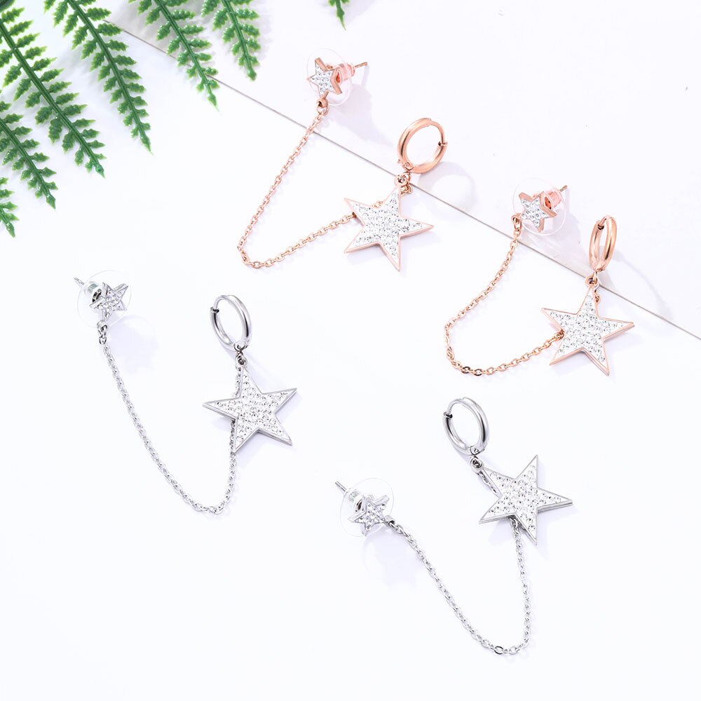 Shiny Jewellery Exaggeration Crystal Star Hoop Earrings for Women Stainless Steel