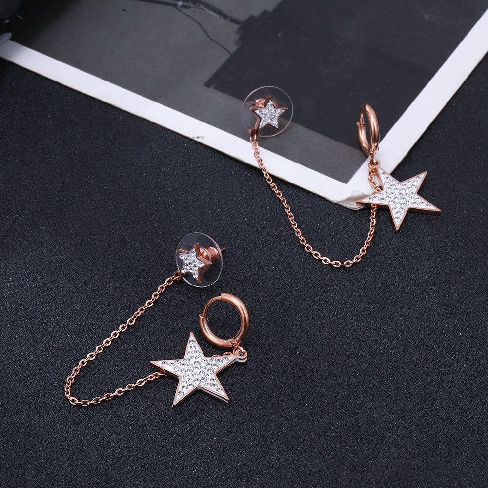 Shiny Jewellery Exaggeration Crystal Star Hoop Earrings for Women Stainless Steel
