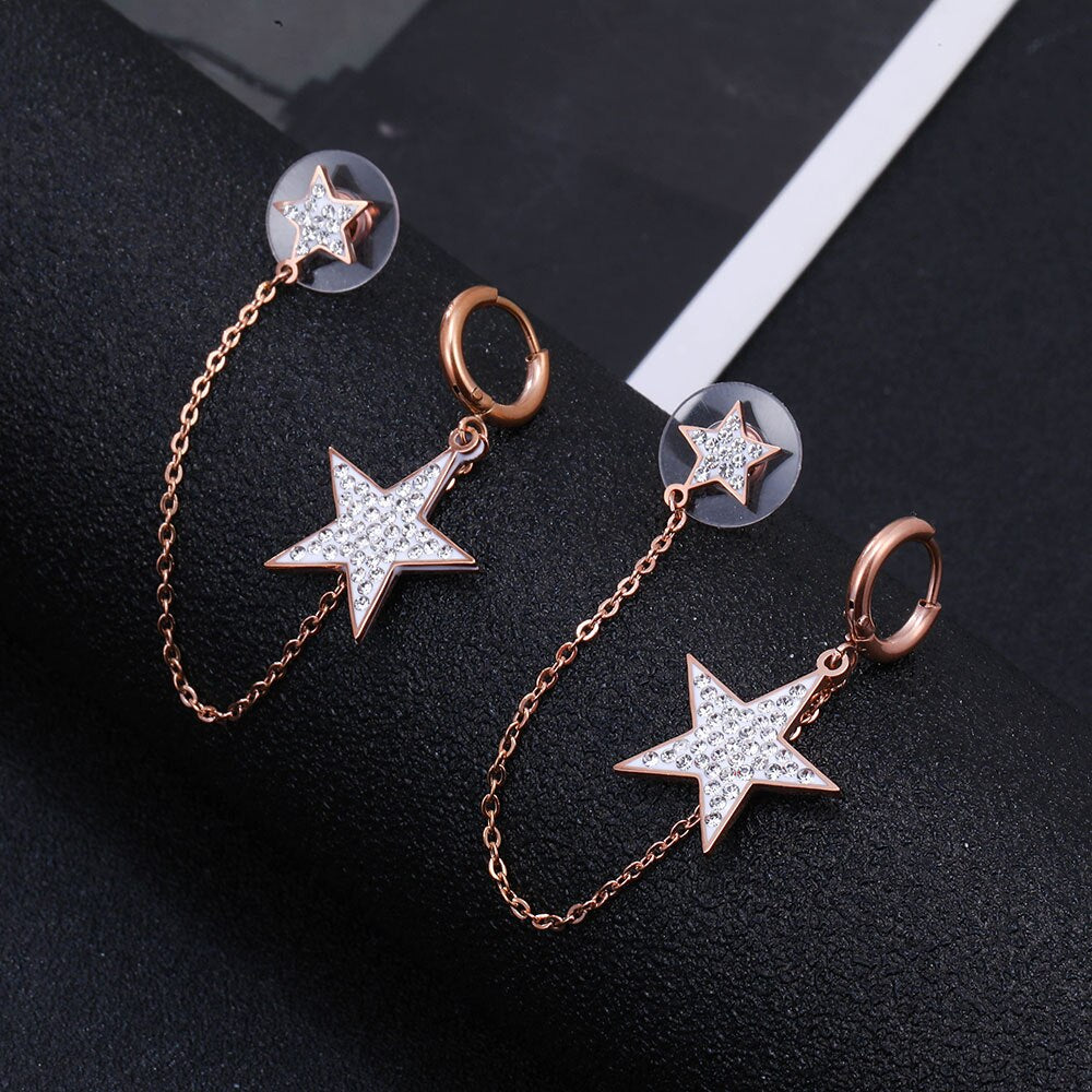 Shiny Jewellery Exaggeration Crystal Star Hoop Earrings for Women Stainless Steel