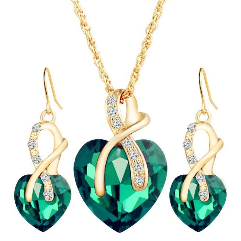 Shiny Jewellery Romantic heart shape Chain  Earrings Jewelry Necklace Sets Crystal