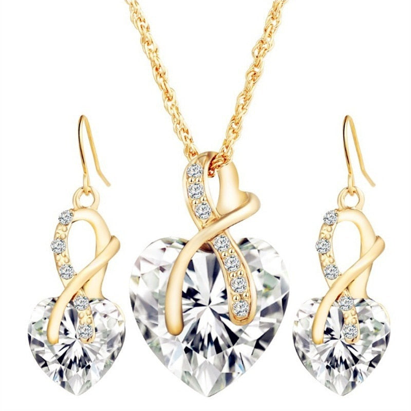 Shiny Jewellery Romantic heart shape Chain  Earrings Jewelry Necklace Sets Crystal