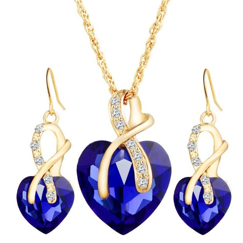 Shiny Jewellery Romantic heart shape Chain  Earrings Jewelry Necklace Sets Crystal