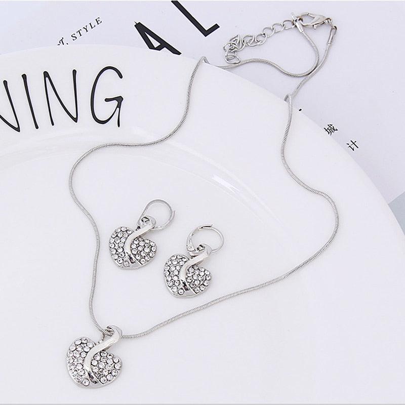Shiny Jewellery Romantic heart shape Chain  Earrings Jewelry Necklace Sets Crystal