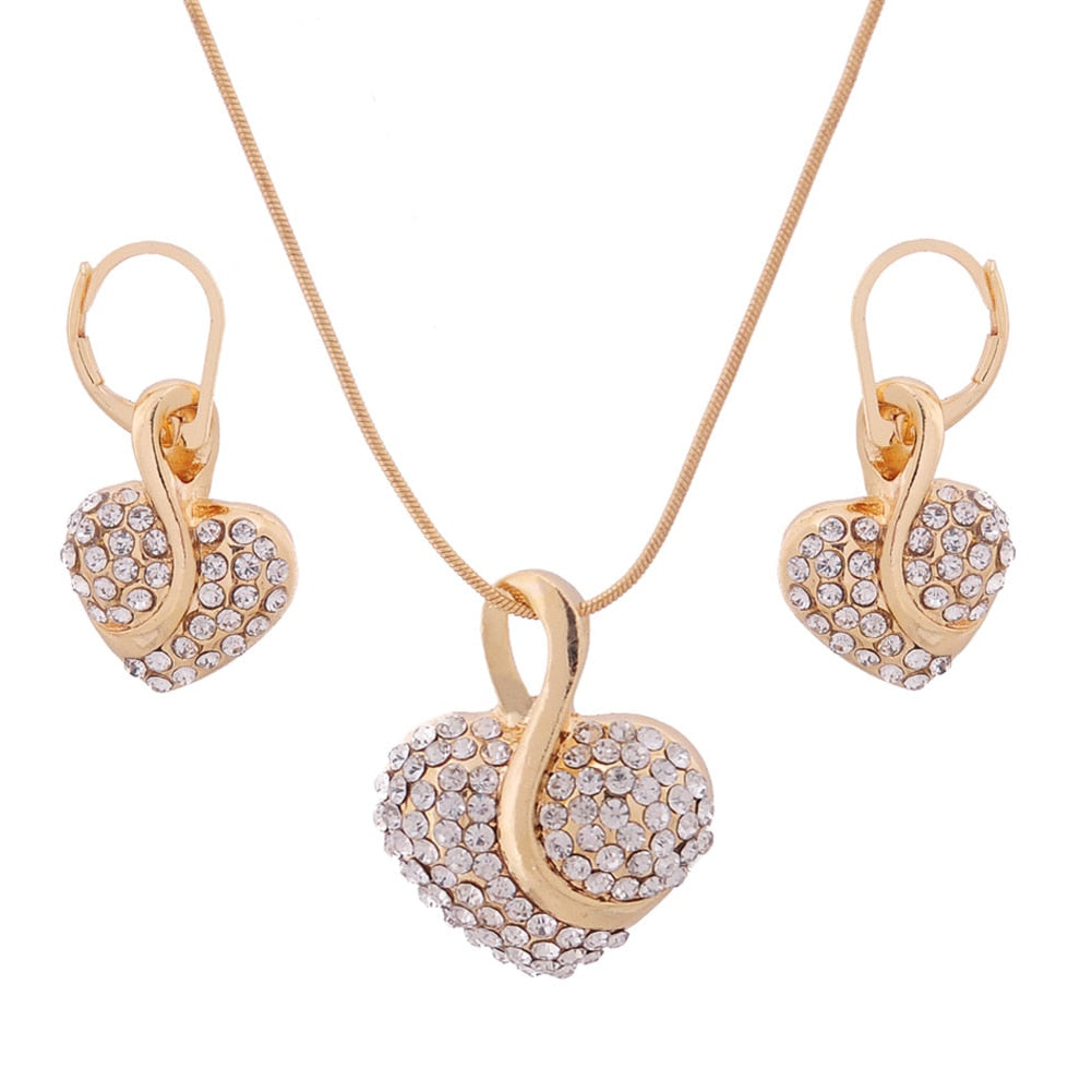 Shiny Jewellery Romantic heart shape Chain  Earrings Jewelry Necklace Sets Crystal