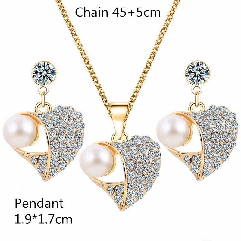 Shiny Jewellery Romantic heart shape Chain  Earrings Jewelry Necklace Sets Crystal