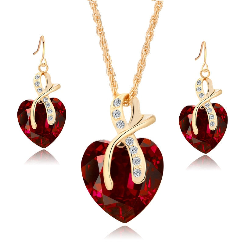 Shiny Jewellery Romantic heart shape Chain  Earrings Jewelry Necklace Sets Crystal