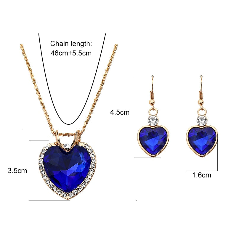 Shiny Jewellery Romantic heart shape Chain  Earrings Jewelry Necklace Sets Crystal