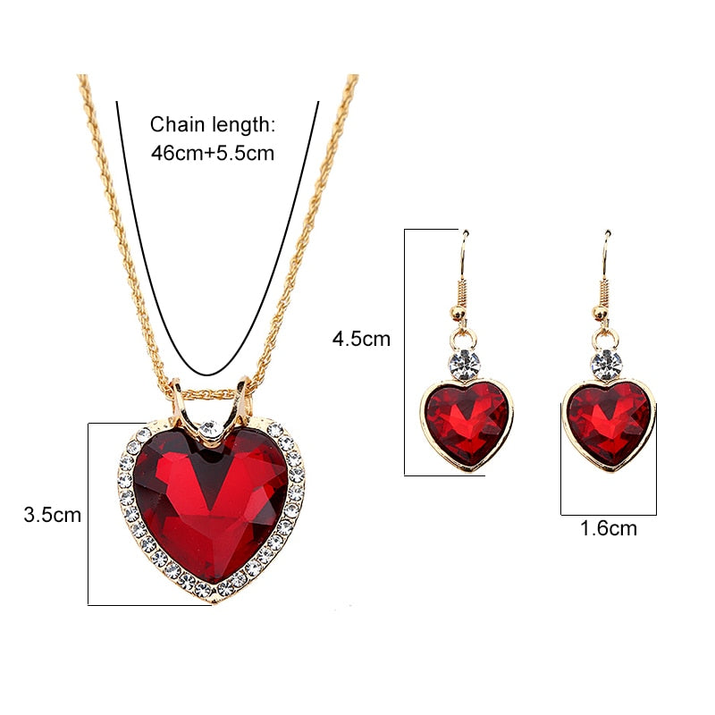 Shiny Jewellery Romantic heart shape Chain  Earrings Jewelry Necklace Sets Crystal