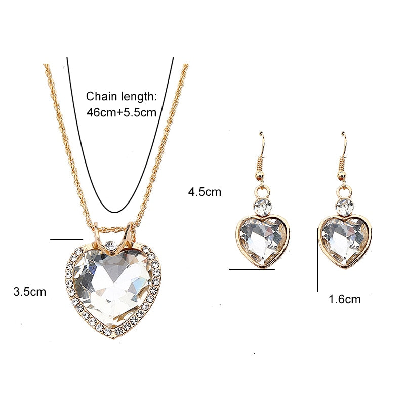 Shiny Jewellery Romantic heart shape Chain  Earrings Jewelry Necklace Sets Crystal