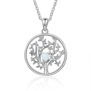 Simulated White Heart Opal Tree of Life Round Pendant Necklace - Vico Rena