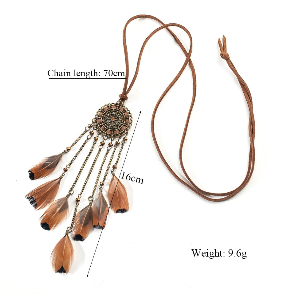 Indian Long Leather Feather Chain Pendant Vintage Sweater Chain Necklace - Vico Rena