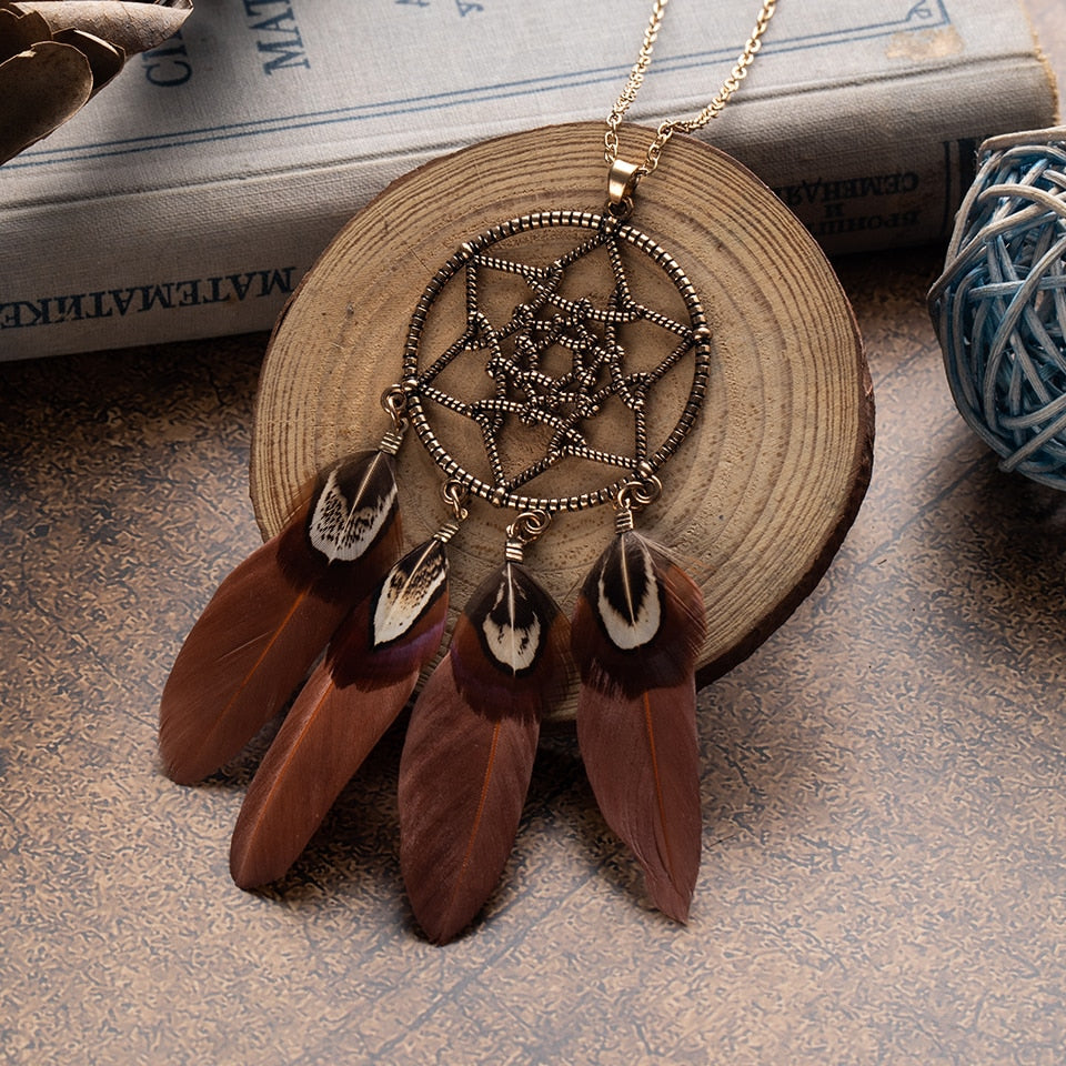 Indian Long Leather Feather Chain Pendant Vintage Sweater Chain Necklace - Vico Rena