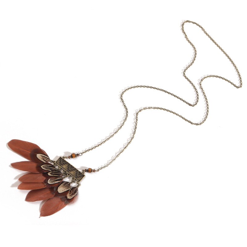Indian Long Leather Feather Chain Pendant Vintage Sweater Chain Necklace - Vico Rena