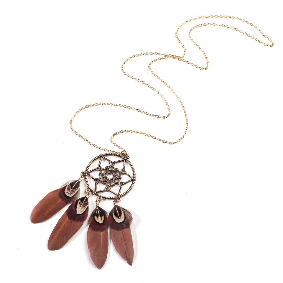 Indian Long Leather Feather Chain Pendant Vintage Sweater Chain Necklace - Vico Rena