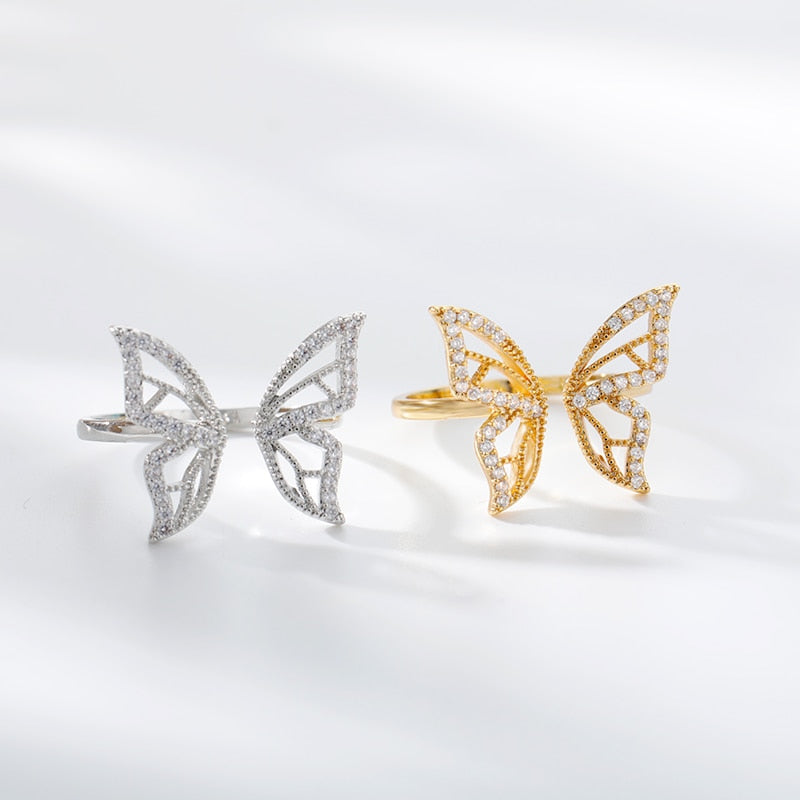 Shiny Jewellery Butterfly Rings Crystal Adjustable Open Cuff Rings