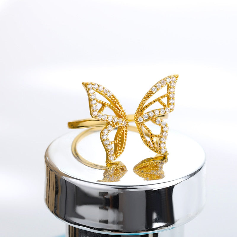 Shiny Jewellery Butterfly Rings Crystal Adjustable Open Cuff Rings